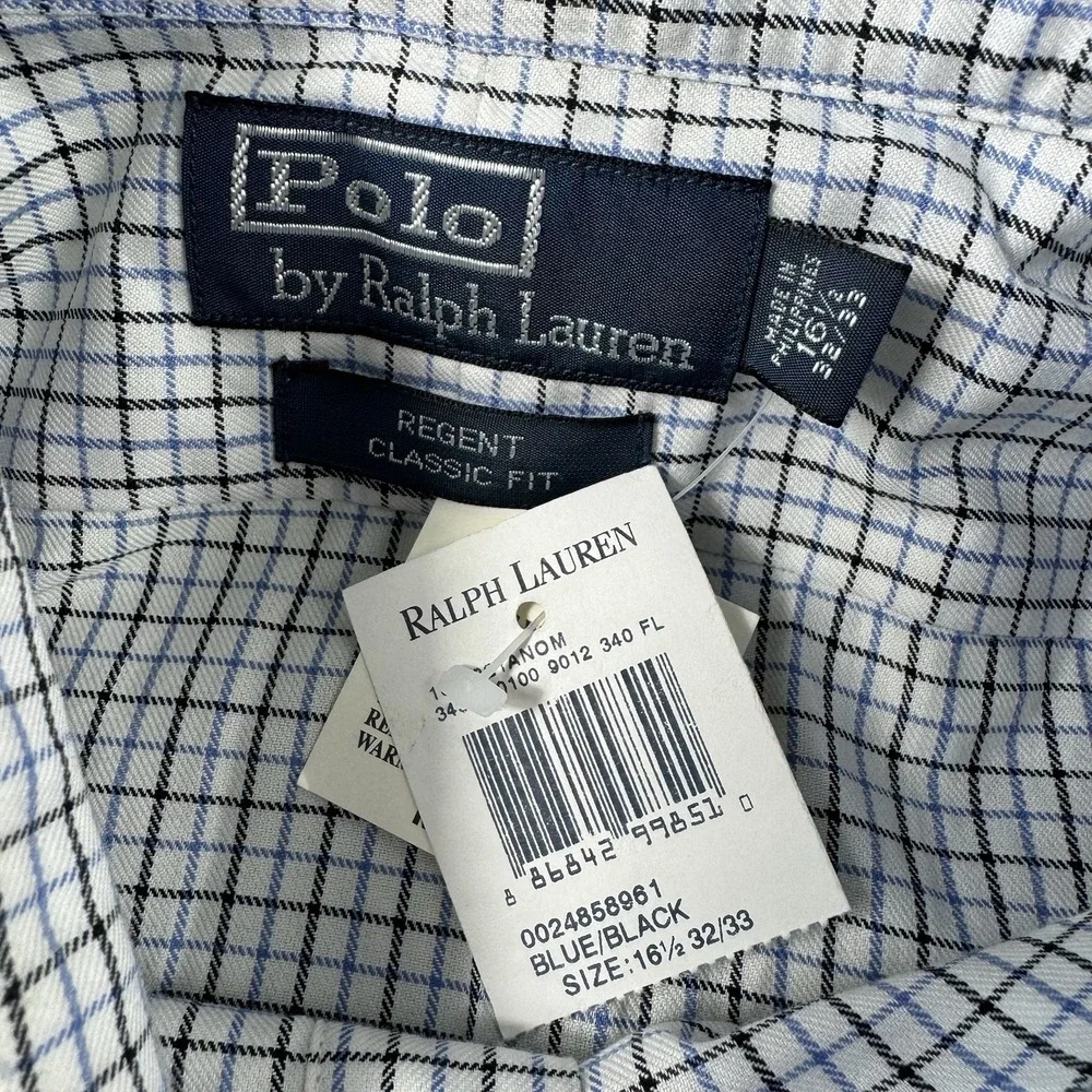 Polo Ralph Lauren White Blue Black Check Regent Cotton Button Front 16.5 NWT